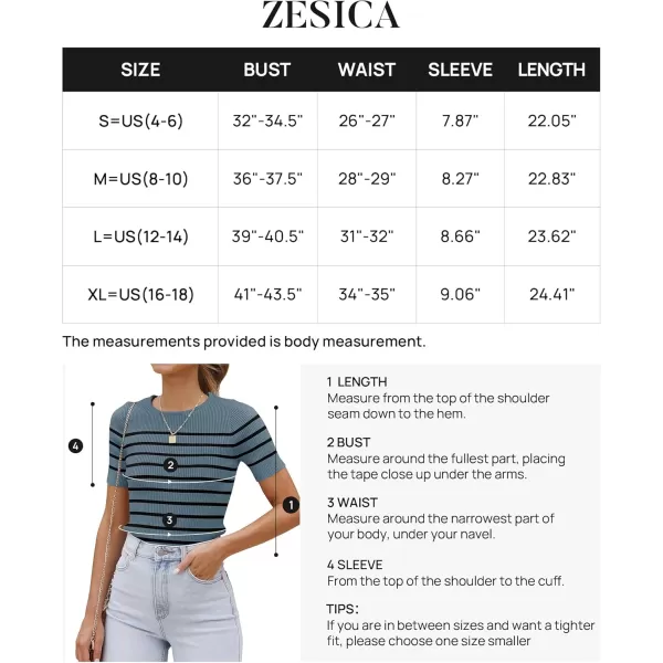 imageZESICA Womens Short Sleeve Crewneck Striped T Shirt 2024 Summer Ribbed Knit Slim Fit Casual Basic Tee TopsDarkblue