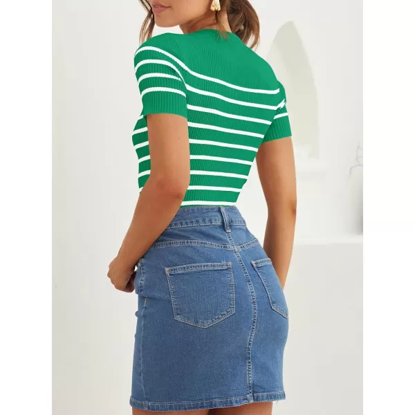 imageZESICA Womens Short Sleeve Crewneck Striped T Shirt 2024 Summer Ribbed Knit Slim Fit Casual Basic Tee TopsGreen