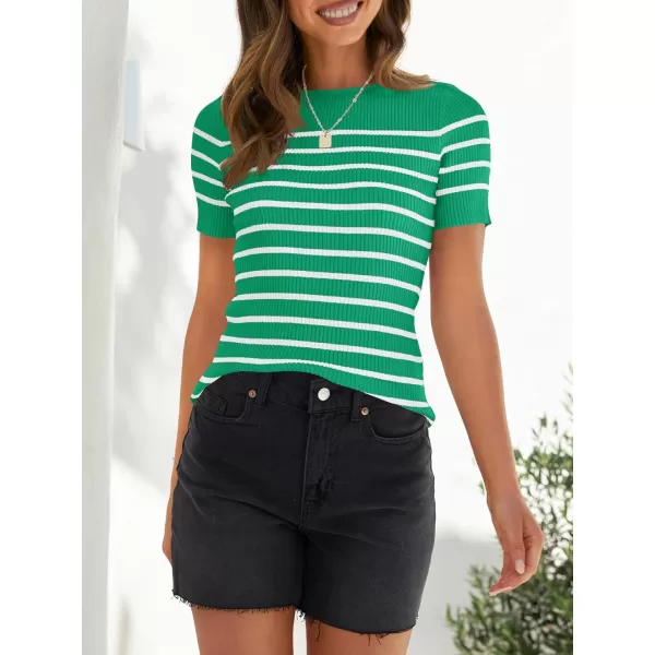 imageZESICA Womens Short Sleeve Crewneck Striped T Shirt 2024 Summer Ribbed Knit Slim Fit Casual Basic Tee TopsGreen