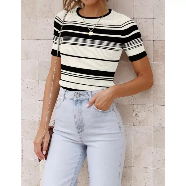 imageZESICA Womens Short Sleeve Crewneck Striped T Shirt 2024 Summer Ribbed Knit Slim Fit Casual Basic Tee TopsIvory