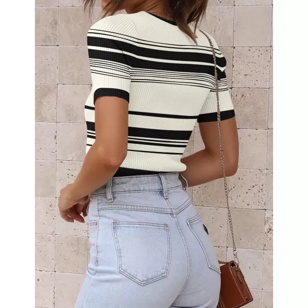imageZESICA Womens Short Sleeve Crewneck Striped T Shirt 2024 Summer Ribbed Knit Slim Fit Casual Basic Tee TopsIvory
