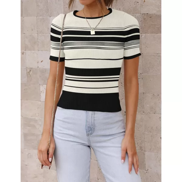 imageZESICA Womens Short Sleeve Crewneck Striped T Shirt 2024 Summer Ribbed Knit Slim Fit Casual Basic Tee TopsIvory