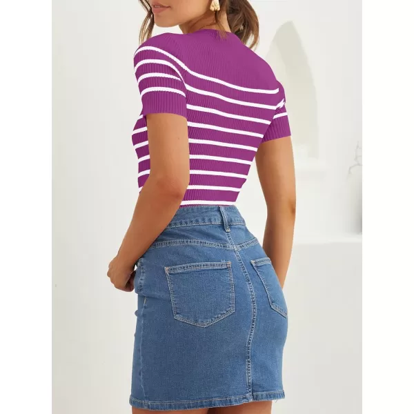 imageZESICA Womens Short Sleeve Crewneck Striped T Shirt 2024 Summer Ribbed Knit Slim Fit Casual Basic Tee TopsMagenta