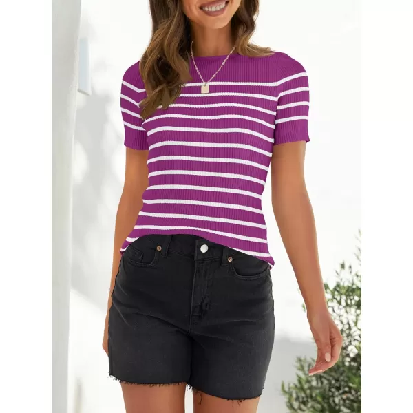 imageZESICA Womens Short Sleeve Crewneck Striped T Shirt 2024 Summer Ribbed Knit Slim Fit Casual Basic Tee TopsMagenta