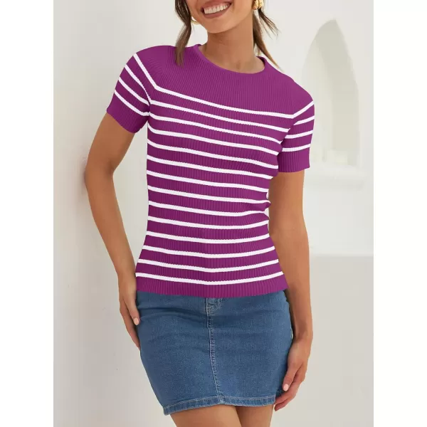 imageZESICA Womens Short Sleeve Crewneck Striped T Shirt 2024 Summer Ribbed Knit Slim Fit Casual Basic Tee TopsMagenta