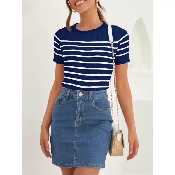 imageZESICA Womens Short Sleeve Crewneck Striped T Shirt 2024 Summer Ribbed Knit Slim Fit Casual Basic Tee TopsNavy