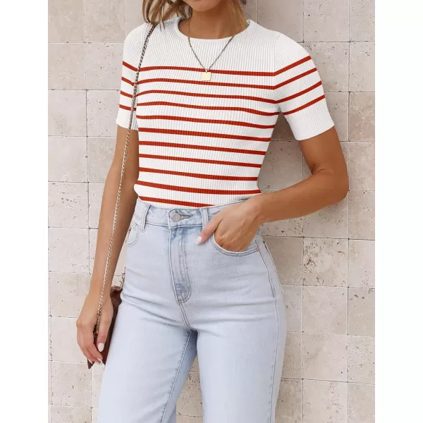 imageZESICA Womens Short Sleeve Crewneck Striped T Shirt 2024 Summer Ribbed Knit Slim Fit Casual Basic Tee TopsRed