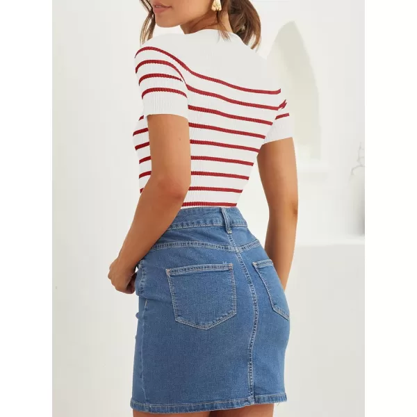 imageZESICA Womens Short Sleeve Crewneck Striped T Shirt 2024 Summer Ribbed Knit Slim Fit Casual Basic Tee TopsRed