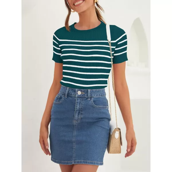 imageZESICA Womens Short Sleeve Crewneck Striped T Shirt 2024 Summer Ribbed Knit Slim Fit Casual Basic Tee TopsTeal