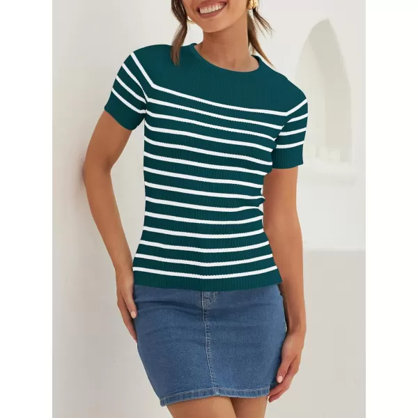 imageZESICA Womens Short Sleeve Crewneck Striped T Shirt 2024 Summer Ribbed Knit Slim Fit Casual Basic Tee TopsTeal