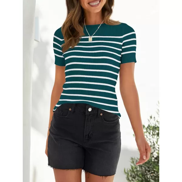imageZESICA Womens Short Sleeve Crewneck Striped T Shirt 2024 Summer Ribbed Knit Slim Fit Casual Basic Tee TopsTeal