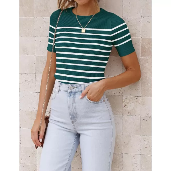 imageZESICA Womens Short Sleeve Crewneck Striped T Shirt 2024 Summer Ribbed Knit Slim Fit Casual Basic Tee TopsTeal