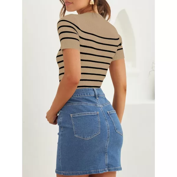 imageZESICA Womens Short Sleeve Crewneck Striped T Shirt 2024 Summer Ribbed Knit Slim Fit Casual Basic Tee TopsToffee