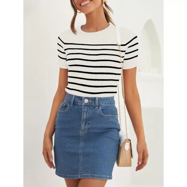 imageZESICA Womens Short Sleeve Crewneck Striped T Shirt 2024 Summer Ribbed Knit Slim Fit Casual Basic Tee TopsWhite