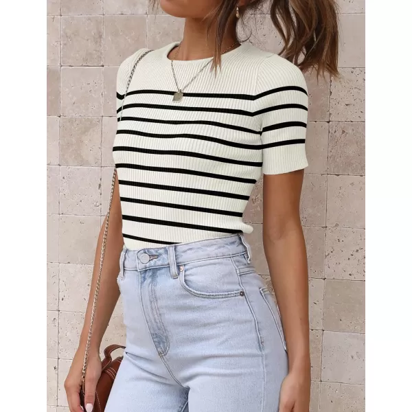 imageZESICA Womens Short Sleeve Crewneck Striped T Shirt 2024 Summer Ribbed Knit Slim Fit Casual Basic Tee TopsWhite
