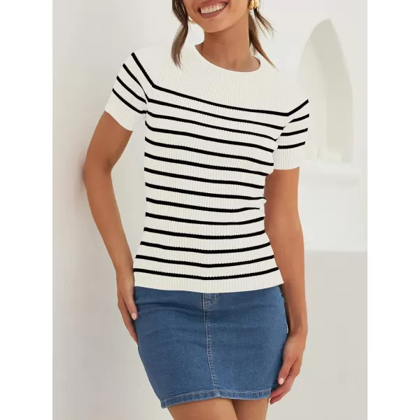 imageZESICA Womens Short Sleeve Crewneck Striped T Shirt 2024 Summer Ribbed Knit Slim Fit Casual Basic Tee TopsWhite