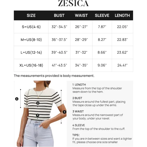 imageZESICA Womens Short Sleeve Crewneck Striped T Shirt 2024 Summer Ribbed Knit Slim Fit Casual Basic Tee TopsWhite