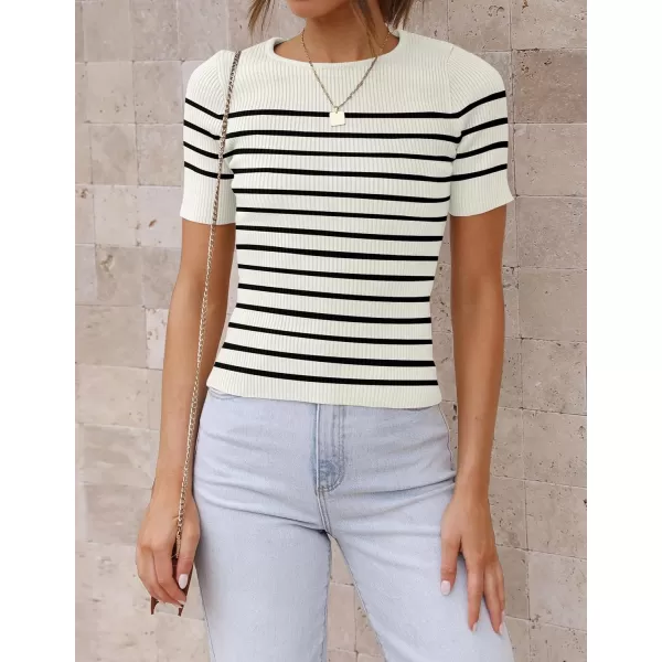 imageZESICA Womens Short Sleeve Crewneck Striped T Shirt 2024 Summer Ribbed Knit Slim Fit Casual Basic Tee TopsWhite