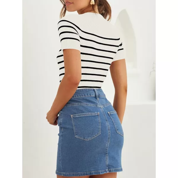 imageZESICA Womens Short Sleeve Crewneck Striped T Shirt 2024 Summer Ribbed Knit Slim Fit Casual Basic Tee TopsWhite