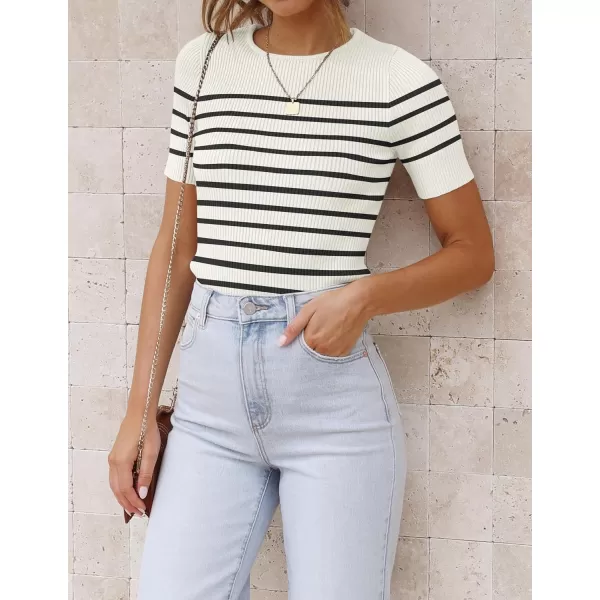 imageZESICA Womens Short Sleeve Crewneck Striped T Shirt 2024 Summer Ribbed Knit Slim Fit Casual Basic Tee TopsWhite