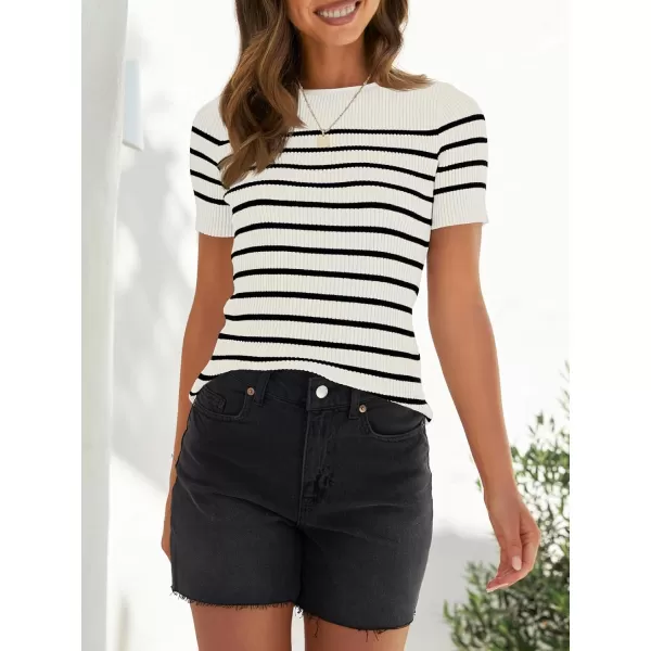 imageZESICA Womens Short Sleeve Crewneck Striped T Shirt 2024 Summer Ribbed Knit Slim Fit Casual Basic Tee TopsWhite
