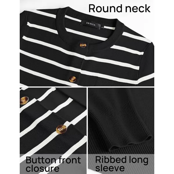 imageZESICA Womens Striped Cardigan Sweaters 2024 Fall Long Sleeve Open Front Button Down Knit Outerwear Coat Trendy ClothesBlack
