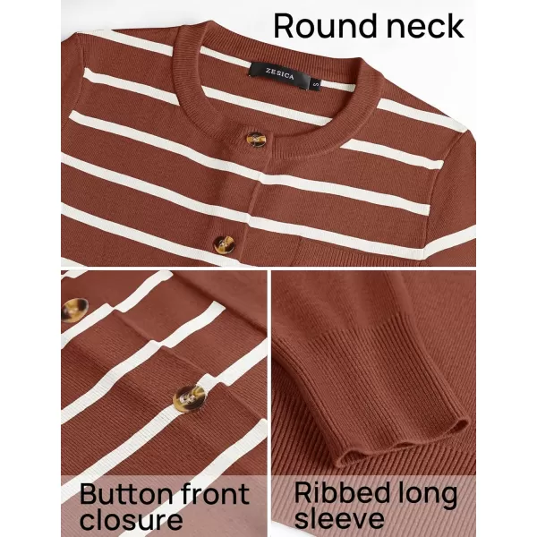 imageZESICA Womens Striped Cardigan Sweaters 2024 Fall Long Sleeve Open Front Button Down Knit Outerwear Coat Trendy ClothesBrown