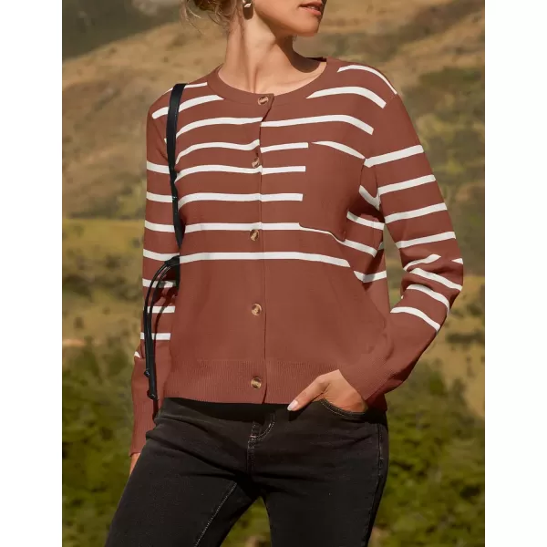 imageZESICA Womens Striped Cardigan Sweaters 2024 Fall Long Sleeve Open Front Button Down Knit Outerwear Coat Trendy ClothesBrown