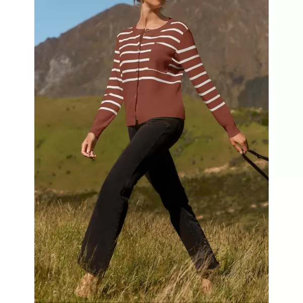 imageZESICA Womens Striped Cardigan Sweaters 2024 Fall Long Sleeve Open Front Button Down Knit Outerwear Coat Trendy ClothesBrown