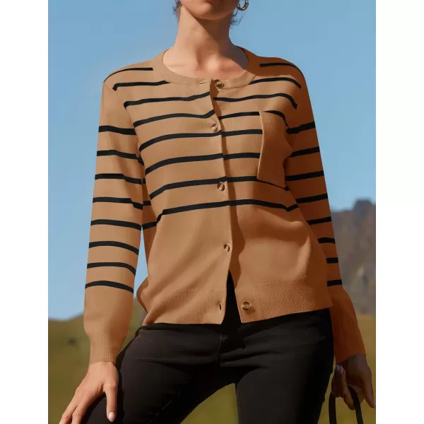 imageZESICA Womens Striped Cardigan Sweaters 2024 Fall Long Sleeve Open Front Button Down Knit Outerwear Coat Trendy ClothesCamel