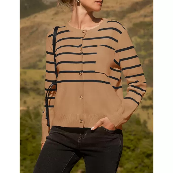imageZESICA Womens Striped Cardigan Sweaters 2024 Fall Long Sleeve Open Front Button Down Knit Outerwear Coat Trendy ClothesCamel