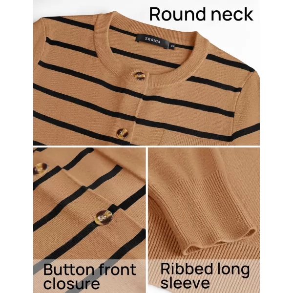 imageZESICA Womens Striped Cardigan Sweaters 2024 Fall Long Sleeve Open Front Button Down Knit Outerwear Coat Trendy ClothesCamel