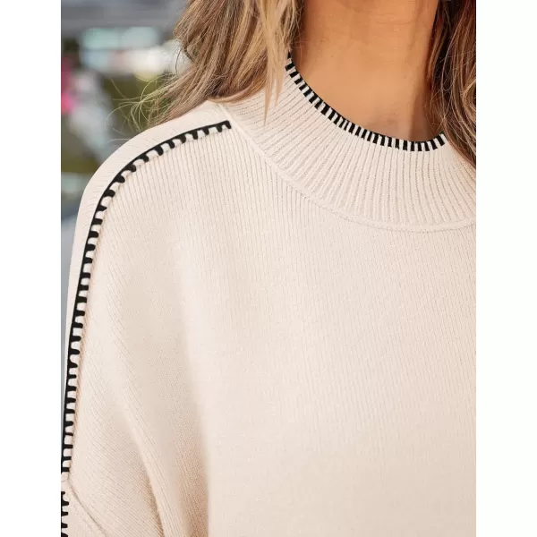 imageZESICA Womens Striped Sweaters 2024 Casual Long Sleeve Mock Neck Contrast Color Comfy Loose Knit Pullover TopsApricot