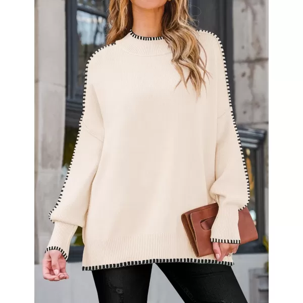 imageZESICA Womens Striped Sweaters 2024 Casual Long Sleeve Mock Neck Contrast Color Comfy Loose Knit Pullover TopsApricot