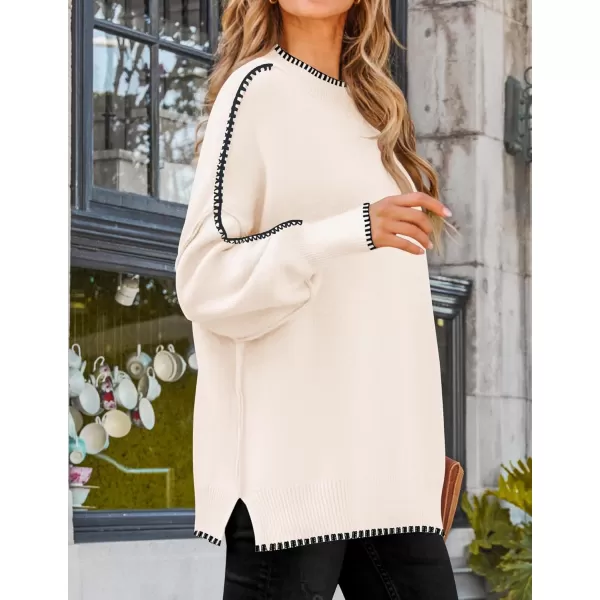imageZESICA Womens Striped Sweaters 2024 Casual Long Sleeve Mock Neck Contrast Color Comfy Loose Knit Pullover TopsApricot