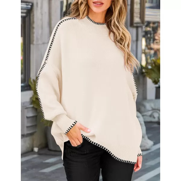 imageZESICA Womens Striped Sweaters 2024 Casual Long Sleeve Mock Neck Contrast Color Comfy Loose Knit Pullover TopsApricot