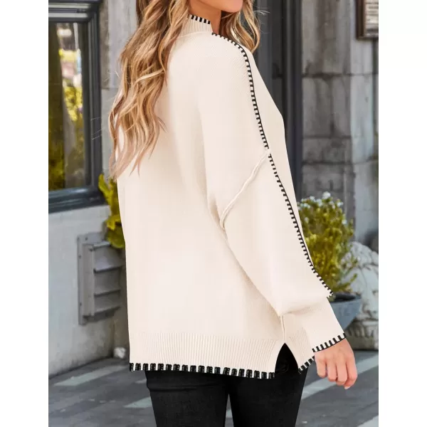 imageZESICA Womens Striped Sweaters 2024 Casual Long Sleeve Mock Neck Contrast Color Comfy Loose Knit Pullover TopsApricot