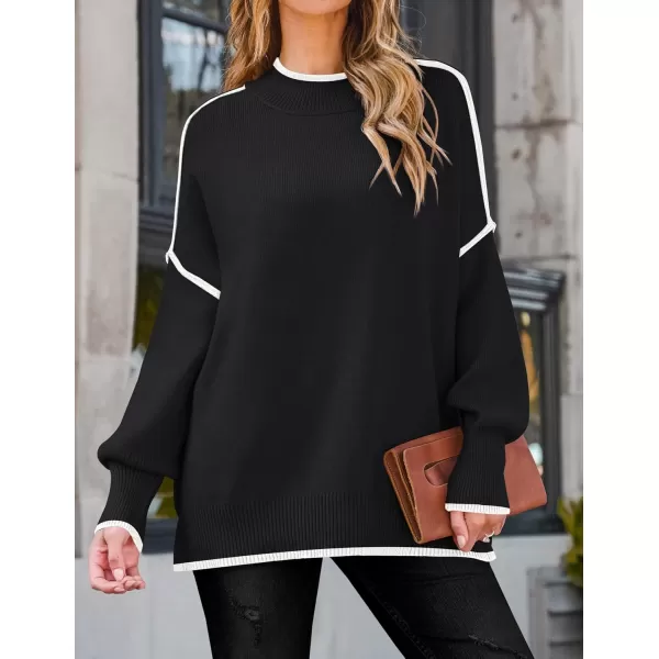 imageZESICA Womens Striped Sweaters 2024 Casual Long Sleeve Mock Neck Contrast Color Comfy Loose Knit Pullover TopsBlack