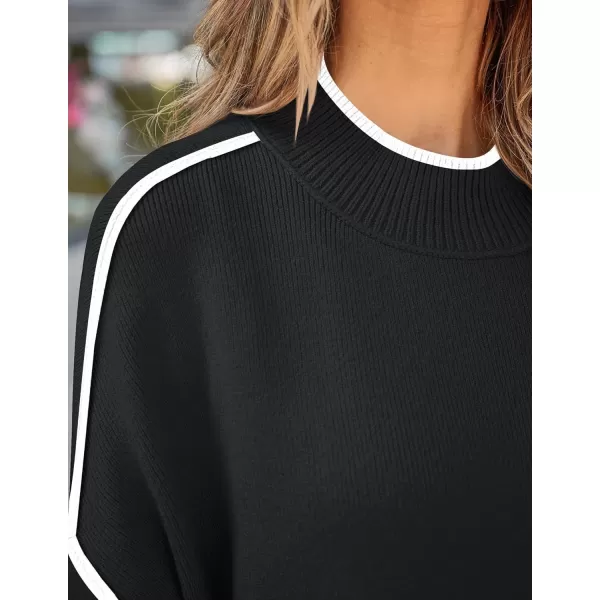 imageZESICA Womens Striped Sweaters 2024 Casual Long Sleeve Mock Neck Contrast Color Comfy Loose Knit Pullover TopsBlack