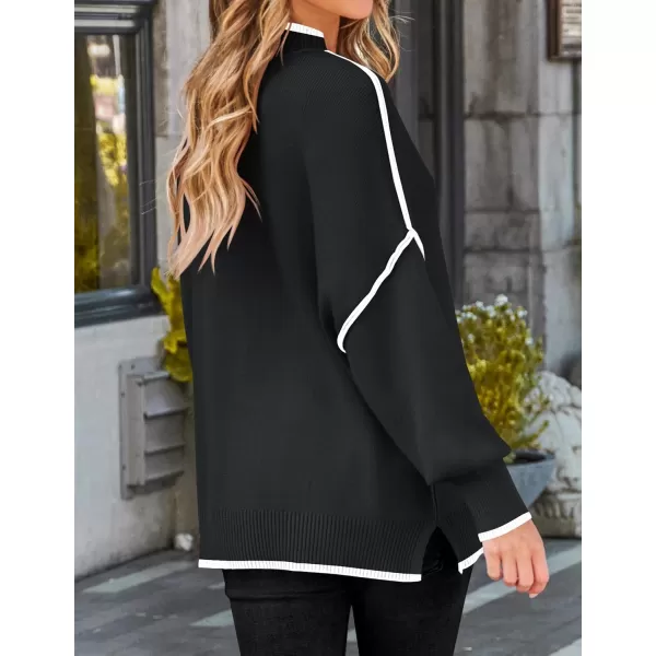 imageZESICA Womens Striped Sweaters 2024 Casual Long Sleeve Mock Neck Contrast Color Comfy Loose Knit Pullover TopsBlack