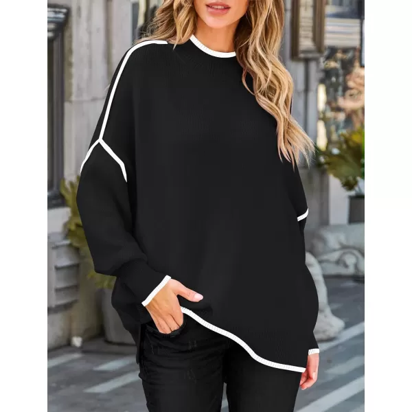imageZESICA Womens Striped Sweaters 2024 Casual Long Sleeve Mock Neck Contrast Color Comfy Loose Knit Pullover TopsBlack