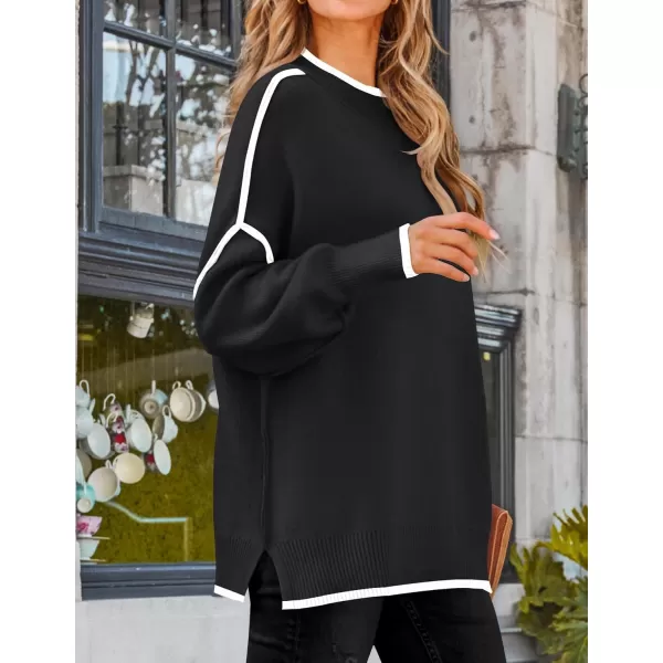 imageZESICA Womens Striped Sweaters 2024 Casual Long Sleeve Mock Neck Contrast Color Comfy Loose Knit Pullover TopsBlack