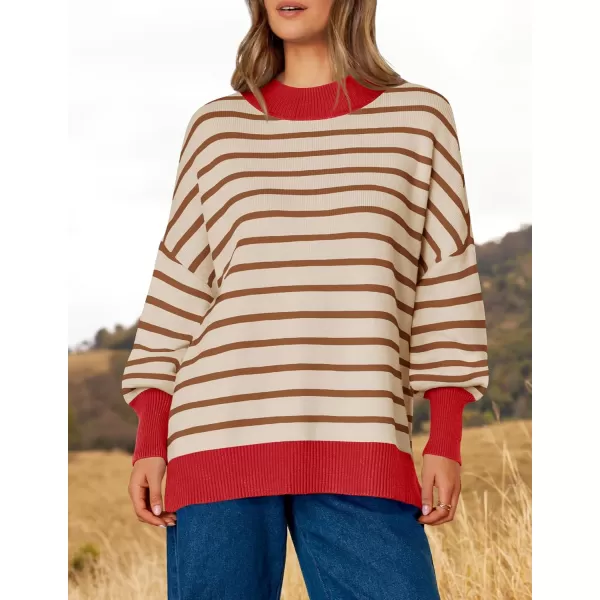 imageZESICA Womens Striped Sweaters 2024 Casual Long Sleeve Mock Neck Contrast Color Comfy Loose Knit Pullover TopsBrown