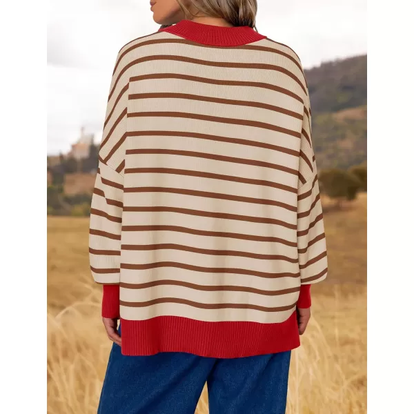 imageZESICA Womens Striped Sweaters 2024 Casual Long Sleeve Mock Neck Contrast Color Comfy Loose Knit Pullover TopsBrown