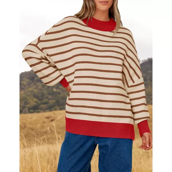 imageZESICA Womens Striped Sweaters 2024 Casual Long Sleeve Mock Neck Contrast Color Comfy Loose Knit Pullover TopsBrown