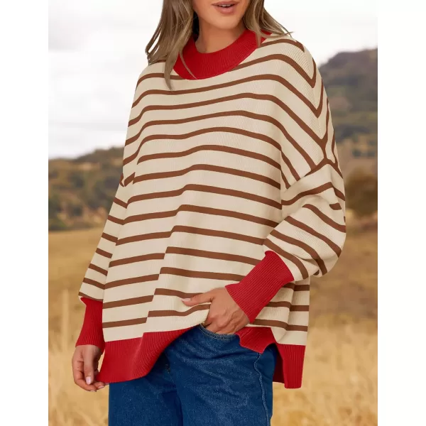 imageZESICA Womens Striped Sweaters 2024 Casual Long Sleeve Mock Neck Contrast Color Comfy Loose Knit Pullover TopsBrown