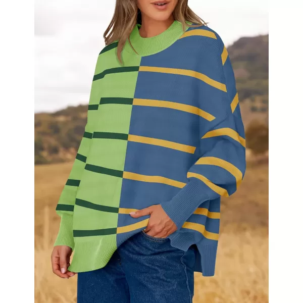 imageZESICA Womens Striped Sweaters 2024 Casual Long Sleeve Mock Neck Contrast Color Comfy Loose Knit Pullover TopsGreen