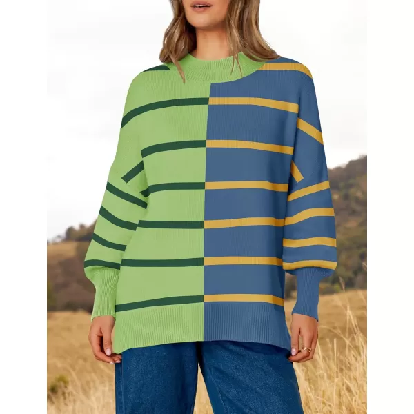 imageZESICA Womens Striped Sweaters 2024 Casual Long Sleeve Mock Neck Contrast Color Comfy Loose Knit Pullover TopsGreen