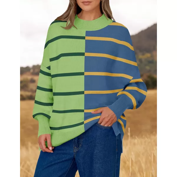 imageZESICA Womens Striped Sweaters 2024 Casual Long Sleeve Mock Neck Contrast Color Comfy Loose Knit Pullover TopsGreen