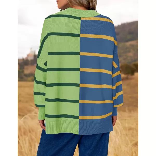 imageZESICA Womens Striped Sweaters 2024 Casual Long Sleeve Mock Neck Contrast Color Comfy Loose Knit Pullover TopsGreen